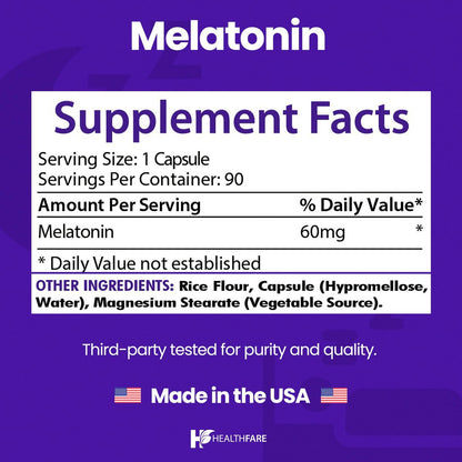 Healthfare Melatonin 60 mg | 90 vegane Kapseln | Hochdosiert | Vegetarisch, Non-GMO, Glutenfrei | Hergestellt in den USA