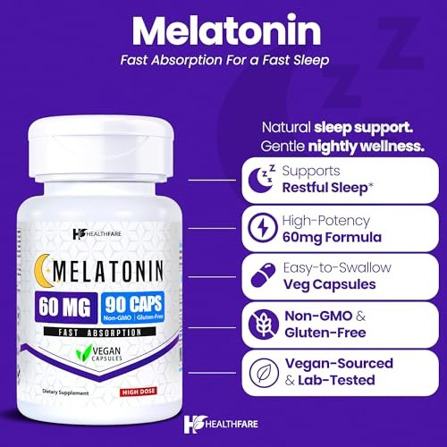 Healthfare Melatonin 60 mg | 90 vegane Kapseln | Hochdosiert | Vegetarisch, Non-GMO, Glutenfrei | Hergestellt in den USA