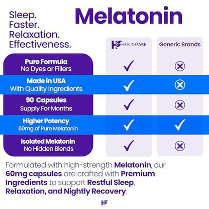 Healthfare Melatonin 60 mg | 90 vegane Kapseln | Hochdosiert | Vegetarisch, Non-GMO, Glutenfrei | Hergestellt in den USA