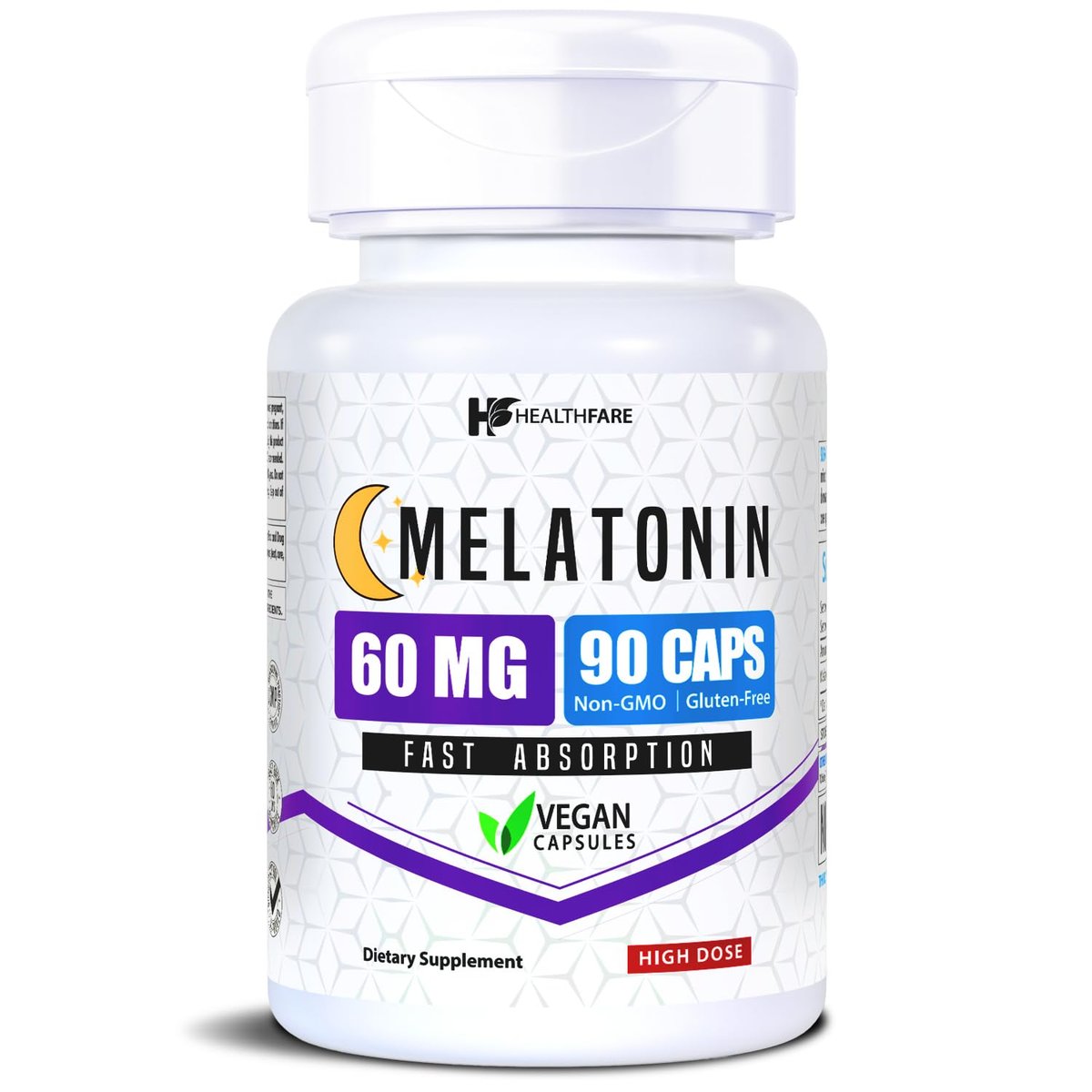 Healthfare Melatonin 60 mg | 90 vegane Kapseln | Hochdosiert | Vegetarisch, Non-GMO, Glutenfrei | Hergestellt in den USA