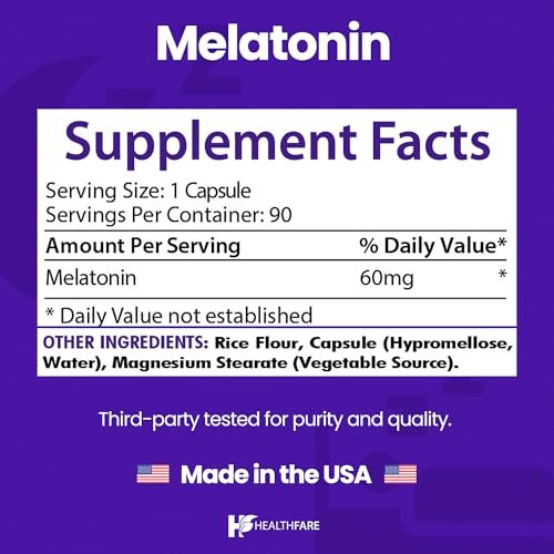 Healthfare Melatonin 60 mg | 90 vegane Kapseln | Hochdosiert | Vegetarisch, Non-GMO, Glutenfrei | Hergestellt in den USA