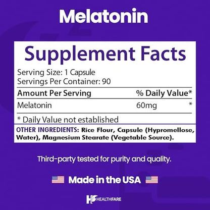 Healthfare Melatonin 60 mg | 90 vegane Kapseln | Hochdosiert | Vegetarisch, Non-GMO, Glutenfrei | Hergestellt in den USA