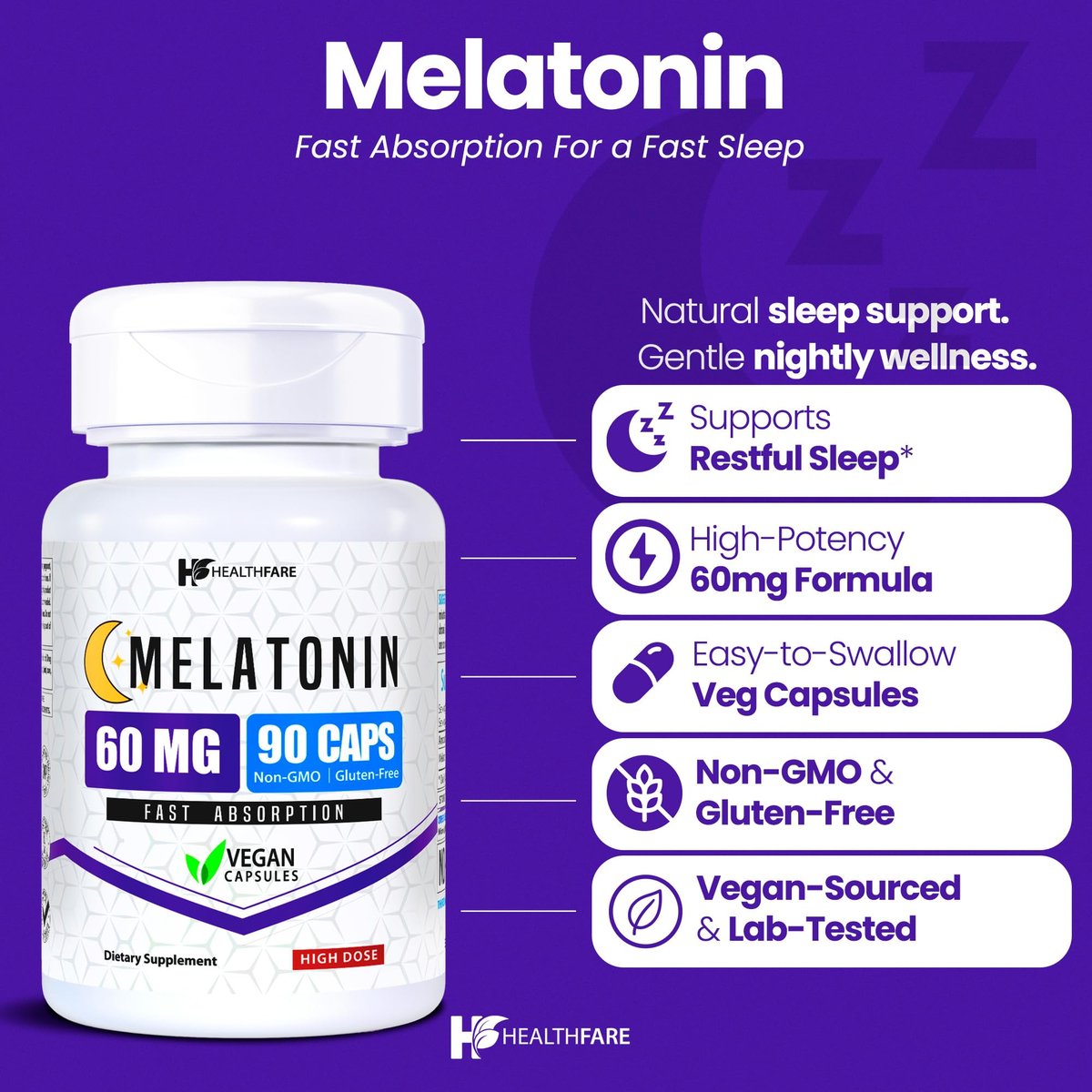 Healthfare Melatonin 60 mg | 90 vegane Kapseln | Hochdosiert | Vegetarisch, Non-GMO, Glutenfrei | Hergestellt in den USA