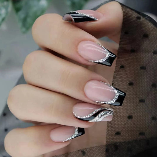 24-teiliges French-Tip-Press-On-Nagelset – Mittellange, quadratische Acrylnägel mit silbernen Glitzerlinien – Glänzende Coffin-Nägel für Frauen