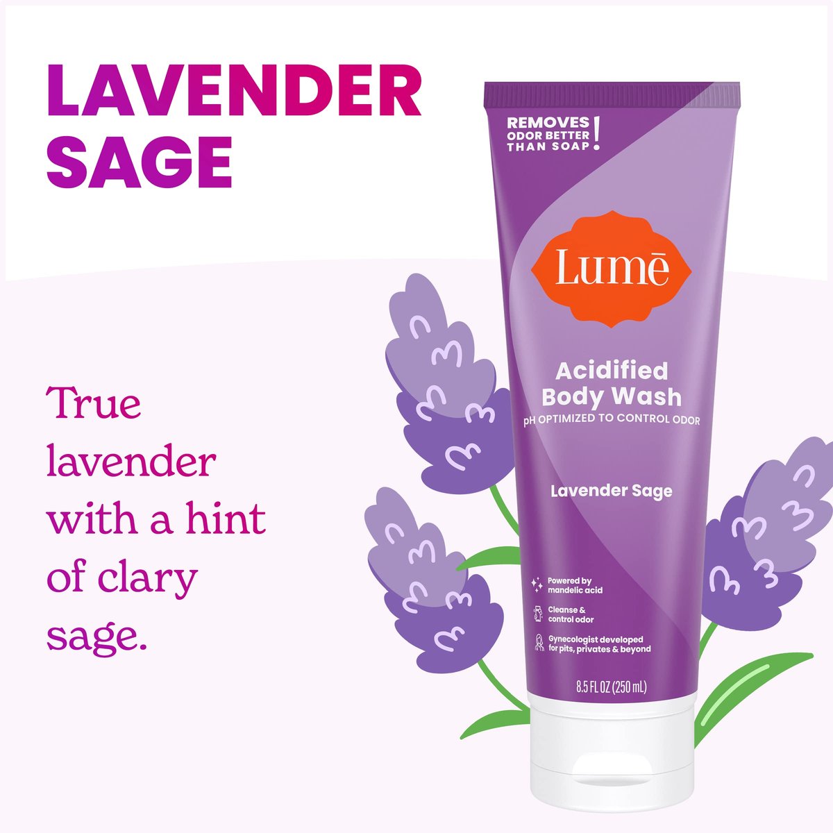 Lume Acidified Body Wash – 24-Stunden-Geruchskontrolle – Entfernt Gerüche besser als Seife – Feuchtigkeitsspendende Formel – Ohne SLS oder Parabene – Von Gynäkologen entwickelt – 8,5 Unzen (Lavendel Salbei)