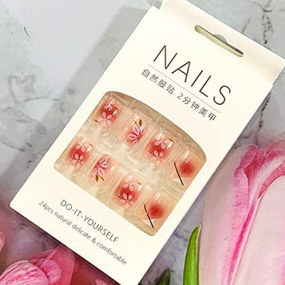 Press On Nägel Kurz Quadratisch, Sargform Vollflächig Abdeckend Wiederverwendbar mit Kleber, Aufklebenägel mit Pinkem Blumenmuster, Künstliche Fingernägel Acryl Fake Nägel für Frauen