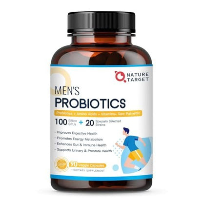 Probiotika für Männer – Verdauungsgesundheit mit Enzymen & Präbiotika, 100 Milliarden KBE, mit Sägepalme & Cranberry für Prostata- & Harnwegsgesundheit, 90 vegane Kapseln