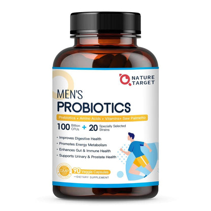 Probiotika für Männer – Verdauungsgesundheit mit Enzymen & Präbiotika, 100 Milliarden KBE, mit Sägepalme & Cranberry für Prostata- & Harnwegsgesundheit, 90 vegane Kapseln