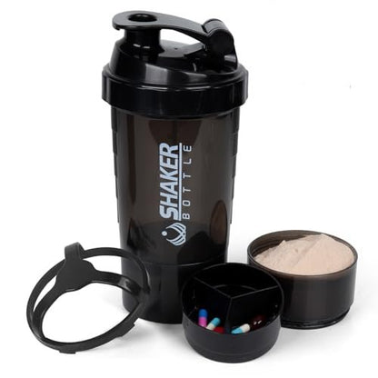 XTK Shaker Flasche 16OZ – Protein Shaker mit Pulverbehälter & Pillen-Organizer, BPA-frei, Schwarz