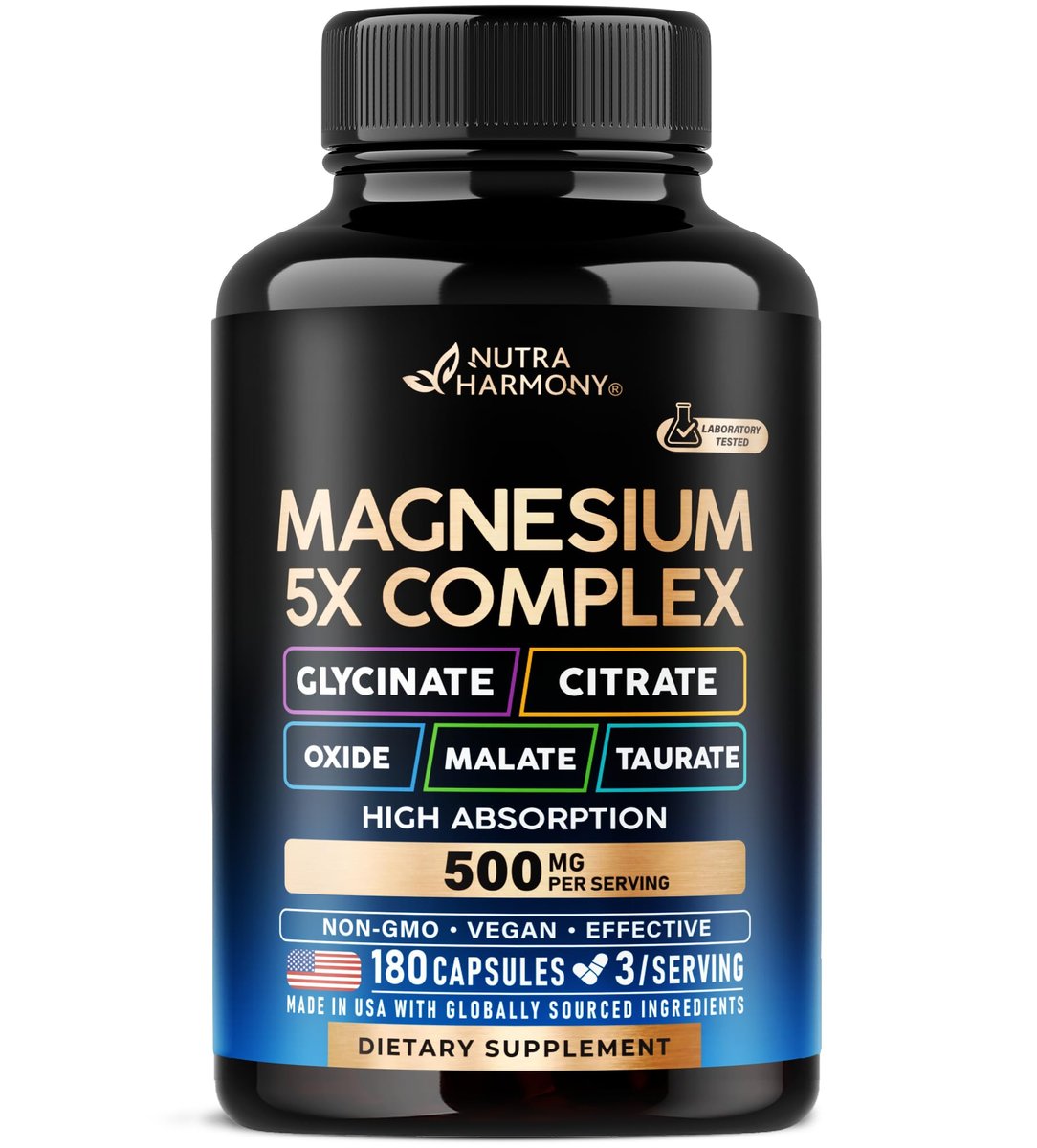 Magnesium Komplex 5-in-1 – Glycinat, Citrat, Malat, Taurat, Oxid – 180 Kapseln, 2 Monate Vorrat – Vegan, natürlich, Non-GMO – für Frauen & Männer – Stress, Muskel & Herz Unterstützung