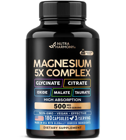 Magnesium Komplex 5-in-1 – Glycinat, Citrat, Malat, Taurat, Oxid – 180 Kapseln, 2 Monate Vorrat – Vegan, natürlich, Non-GMO – für Frauen & Männer – Stress, Muskel & Herz Unterstützung
