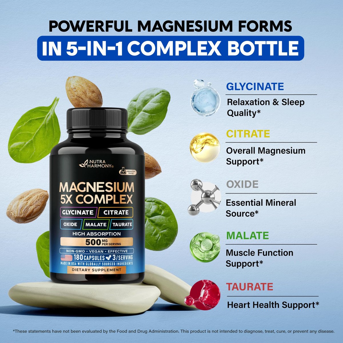 Magnesium Komplex 5-in-1 – Glycinat, Citrat, Malat, Taurat, Oxid – 180 Kapseln, 2 Monate Vorrat – Vegan, natürlich, Non-GMO – für Frauen & Männer – Stress, Muskel & Herz Unterstützung