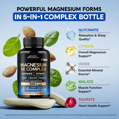 Magnesium Komplex 5-in-1 – Glycinat, Citrat, Malat, Taurat, Oxid – 180 Kapseln, 2 Monate Vorrat – Vegan, natürlich, Non-GMO – für Frauen & Männer – Stress, Muskel & Herz Unterstützung