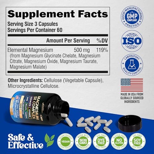 Magnesium Komplex 5-in-1 – Glycinat, Citrat, Malat, Taurat, Oxid – 180 Kapseln, 2 Monate Vorrat – Vegan, natürlich, Non-GMO – für Frauen & Männer – Stress, Muskel & Herz Unterstützung