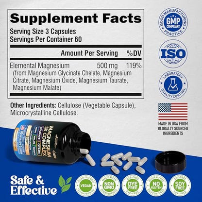 Magnesium Komplex 5-in-1 – Glycinat, Citrat, Malat, Taurat, Oxid – 180 Kapseln, 2 Monate Vorrat – Vegan, natürlich, Non-GMO – für Frauen & Männer – Stress, Muskel & Herz Unterstützung