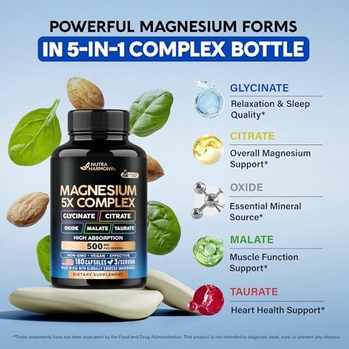 Magnesium Komplex 5-in-1 – Glycinat, Citrat, Malat, Taurat, Oxid – 180 Kapseln, 2 Monate Vorrat – Vegan, natürlich, Non-GMO – für Frauen & Männer – Stress, Muskel & Herz Unterstützung
