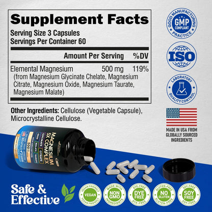 Magnesium Komplex 5-in-1 – Glycinat, Citrat, Malat, Taurat, Oxid – 180 Kapseln, 2 Monate Vorrat – Vegan, natürlich, Non-GMO – für Frauen & Männer – Stress, Muskel & Herz Unterstützung