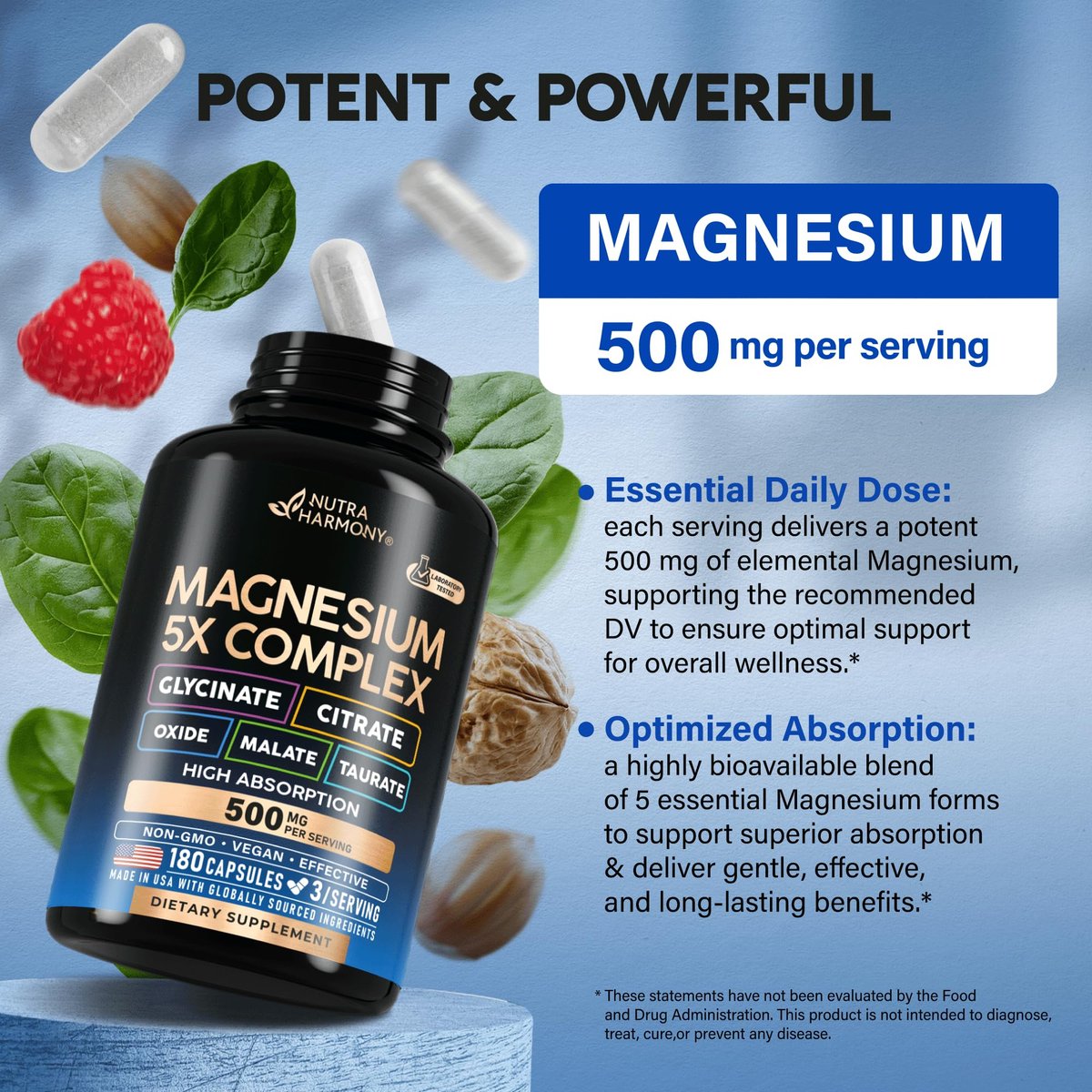 Magnesium Komplex 5-in-1 – Glycinat, Citrat, Malat, Taurat, Oxid – 180 Kapseln, 2 Monate Vorrat – Vegan, natürlich, Non-GMO – für Frauen & Männer – Stress, Muskel & Herz Unterstützung