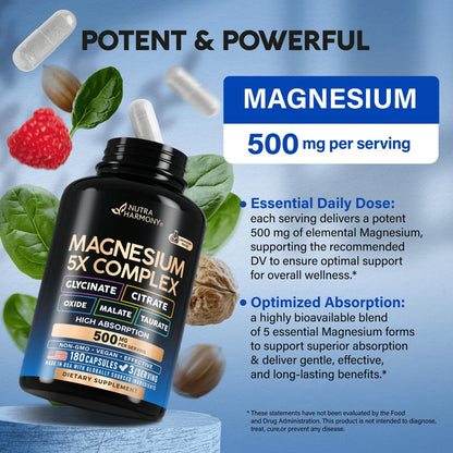 Magnesium Komplex 5-in-1 – Glycinat, Citrat, Malat, Taurat, Oxid – 180 Kapseln, 2 Monate Vorrat – Vegan, natürlich, Non-GMO – für Frauen & Männer – Stress, Muskel & Herz Unterstützung