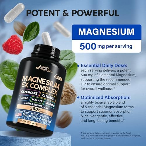 Magnesium Komplex 5-in-1 – Glycinat, Citrat, Malat, Taurat, Oxid – 180 Kapseln, 2 Monate Vorrat – Vegan, natürlich, Non-GMO – für Frauen & Männer – Stress, Muskel & Herz Unterstützung