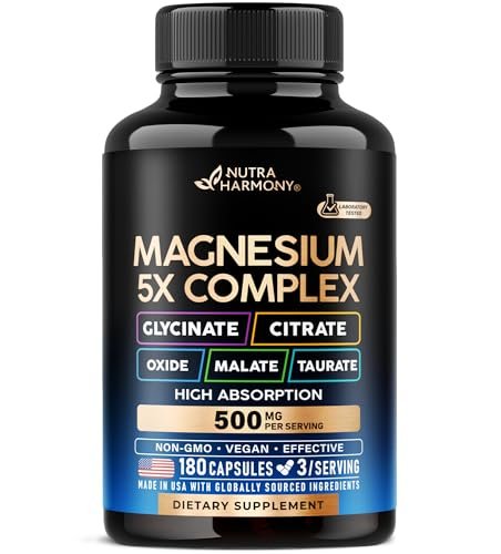 Magnesium Komplex 5-in-1 – Glycinat, Citrat, Malat, Taurat, Oxid – 180 Kapseln, 2 Monate Vorrat – Vegan, natürlich, Non-GMO – für Frauen & Männer – Stress, Muskel & Herz Unterstützung