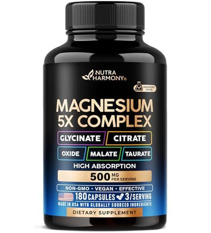 Magnesium Komplex 5-in-1 – Glycinat, Citrat, Malat, Taurat, Oxid – 180 Kapseln, 2 Monate Vorrat – Vegan, natürlich, Non-GMO – für Frauen & Männer – Stress, Muskel & Herz Unterstützung