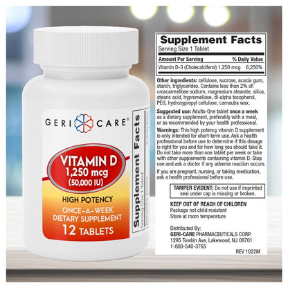 GeriCare Vitamin D 1.250 mcg (50.000 IE) Hochdosiert - Unterstützt Knochendichte, Muskelgesundheit, Immunfunktion und Kalziumaufnahme - Einmal wöchentliches Nahrungsergänzungsmittel - 12 Kapseln
