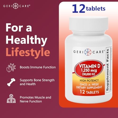 GeriCare Vitamin D 1.250 mcg (50.000 IE) Hochdosiert - Unterstützt Knochendichte, Muskelgesundheit, Immunfunktion und Kalziumaufnahme - Einmal wöchentliches Nahrungsergänzungsmittel - 12 Kapseln