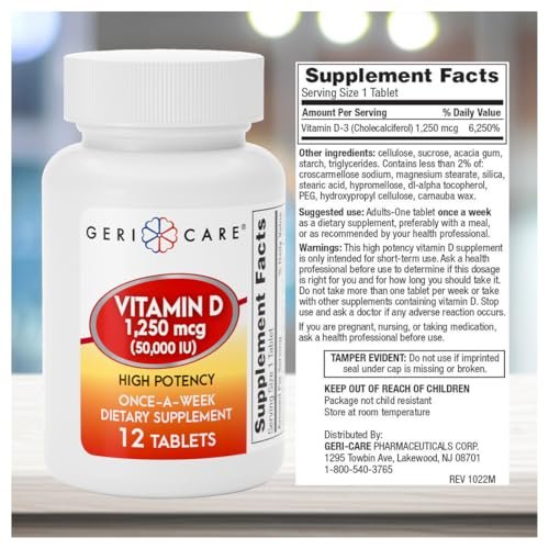 GeriCare Vitamin D 1.250 mcg (50.000 IE) Hochdosiert - Unterstützt Knochendichte, Muskelgesundheit, Immunfunktion und Kalziumaufnahme - Einmal wöchentliches Nahrungsergänzungsmittel - 12 Kapseln