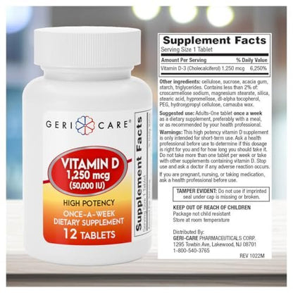 GeriCare Vitamin D 1.250 mcg (50.000 IE) Hochdosiert - Unterstützt Knochendichte, Muskelgesundheit, Immunfunktion und Kalziumaufnahme - Einmal wöchentliches Nahrungsergänzungsmittel - 12 Kapseln