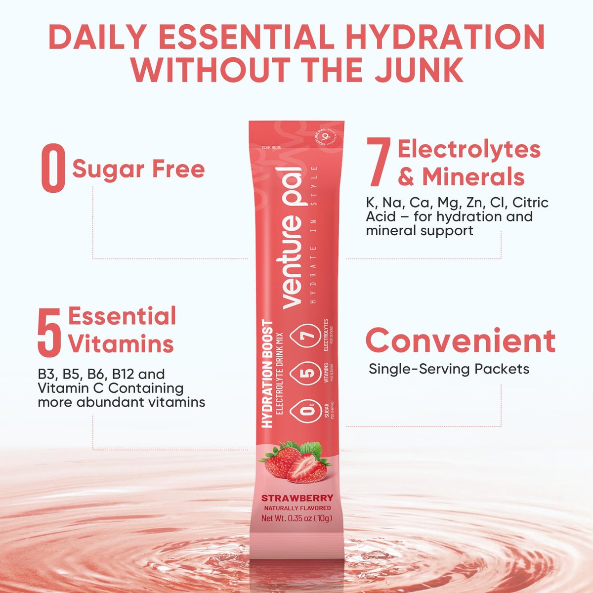 Venture Pal Sugar Free Electrolytes Powder Packets – Flüssige Tägliche IV Hydration Packets | Sofortige Hydratation & Party Erholung | 5 Vitamine & 7 Elektrolyte | Zertifiziert Vegan, Keto, Non-GMO | 16 Sticks
