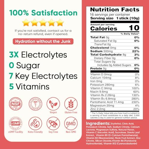 Venture Pal Sugar Free Electrolytes Powder Packets – Flüssige Tägliche IV Hydration Packets | Sofortige Hydratation & Party Erholung | 5 Vitamine & 7 Elektrolyte | Zertifiziert Vegan, Keto, Non-GMO | 16 Sticks