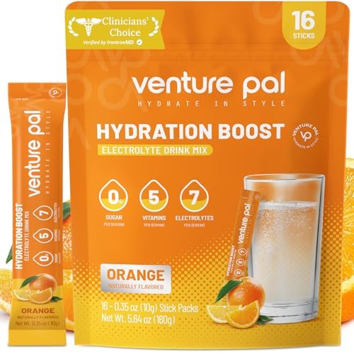 Venture Pal Zuckerfreie Elektrolyte Pulver Beutel - Flüssige tägliche IV Hydratation Packungen | Sofortige Hydratation & Party Erholung | 5 Vitamine & 7 Elektrolyte | Zertifiziert Vegan, Keto, Nicht-GVO | 16 Sticks