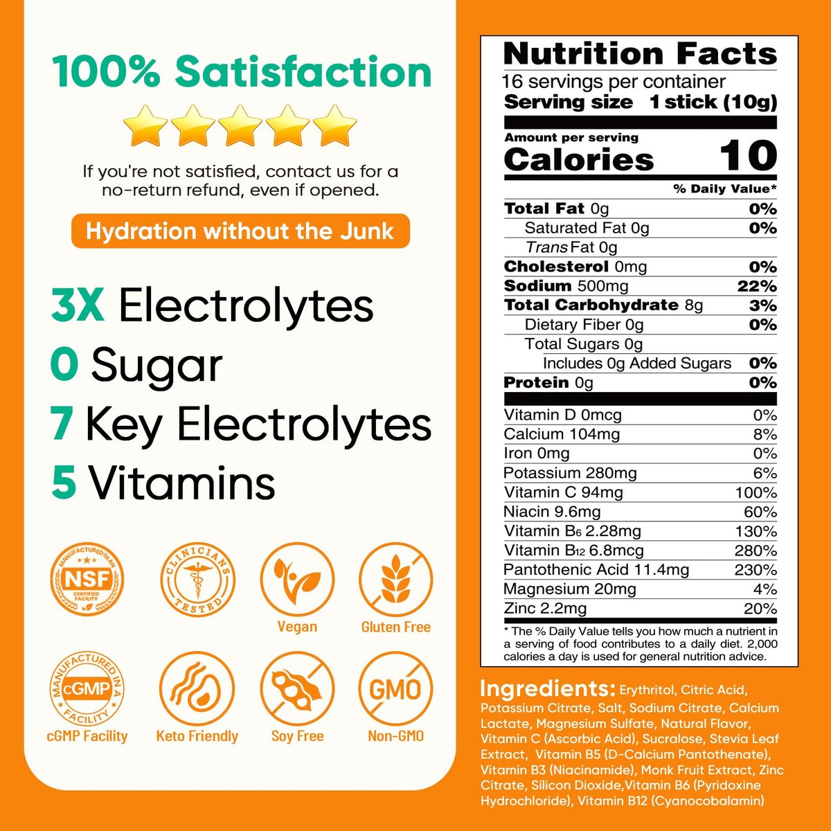 Venture Pal Zuckerfreie Elektrolyte Pulver Beutel - Flüssige tägliche IV Hydratation Packungen | Sofortige Hydratation & Party Erholung | 5 Vitamine & 7 Elektrolyte | Zertifiziert Vegan, Keto, Nicht-GVO | 16 Sticks