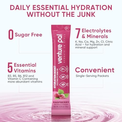 Venture Pal Zuckerfreie Elektrolyte Pulverbeutel – Flüssige IV Hydration Packets für sofortige Hydration & Party Recovery | 5 Vitamine & 7 Elektrolyte | Zertifiziert Vegan, Keto, Non-GMO | 16 Sticks