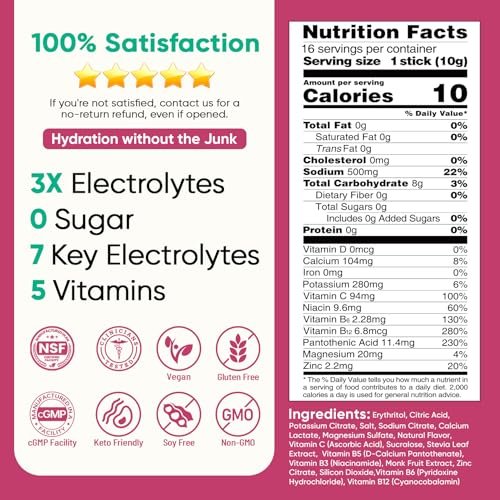 Venture Pal Zuckerfreie Elektrolyte Pulverbeutel – Flüssige IV Hydration Packets für sofortige Hydration & Party Recovery | 5 Vitamine & 7 Elektrolyte | Zertifiziert Vegan, Keto, Non-GMO | 16 Sticks