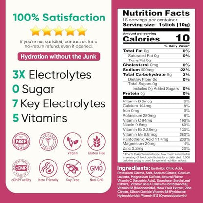 Venture Pal Zuckerfreie Elektrolyte Pulverbeutel – Flüssige IV Hydration Packets für sofortige Hydration & Party Recovery | 5 Vitamine & 7 Elektrolyte | Zertifiziert Vegan, Keto, Non-GMO | 16 Sticks