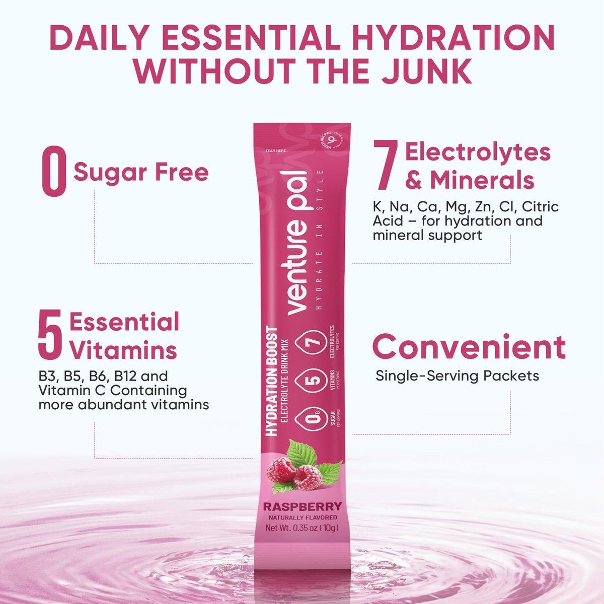 Venture Pal Zuckerfreie Elektrolyte Pulverbeutel – Flüssige IV Hydration Packets für sofortige Hydration & Party Recovery | 5 Vitamine & 7 Elektrolyte | Zertifiziert Vegan, Keto, Non-GMO | 16 Sticks