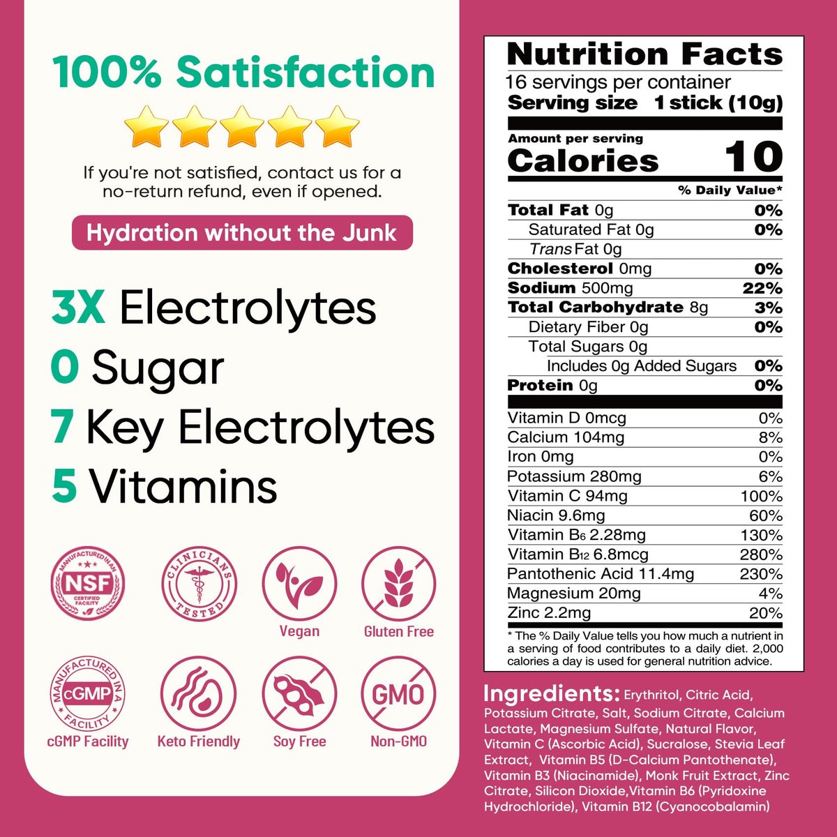 Venture Pal Zuckerfreie Elektrolyte Pulverbeutel – Flüssige IV Hydration Packets für sofortige Hydration & Party Recovery | 5 Vitamine & 7 Elektrolyte | Zertifiziert Vegan, Keto, Non-GMO | 16 Sticks