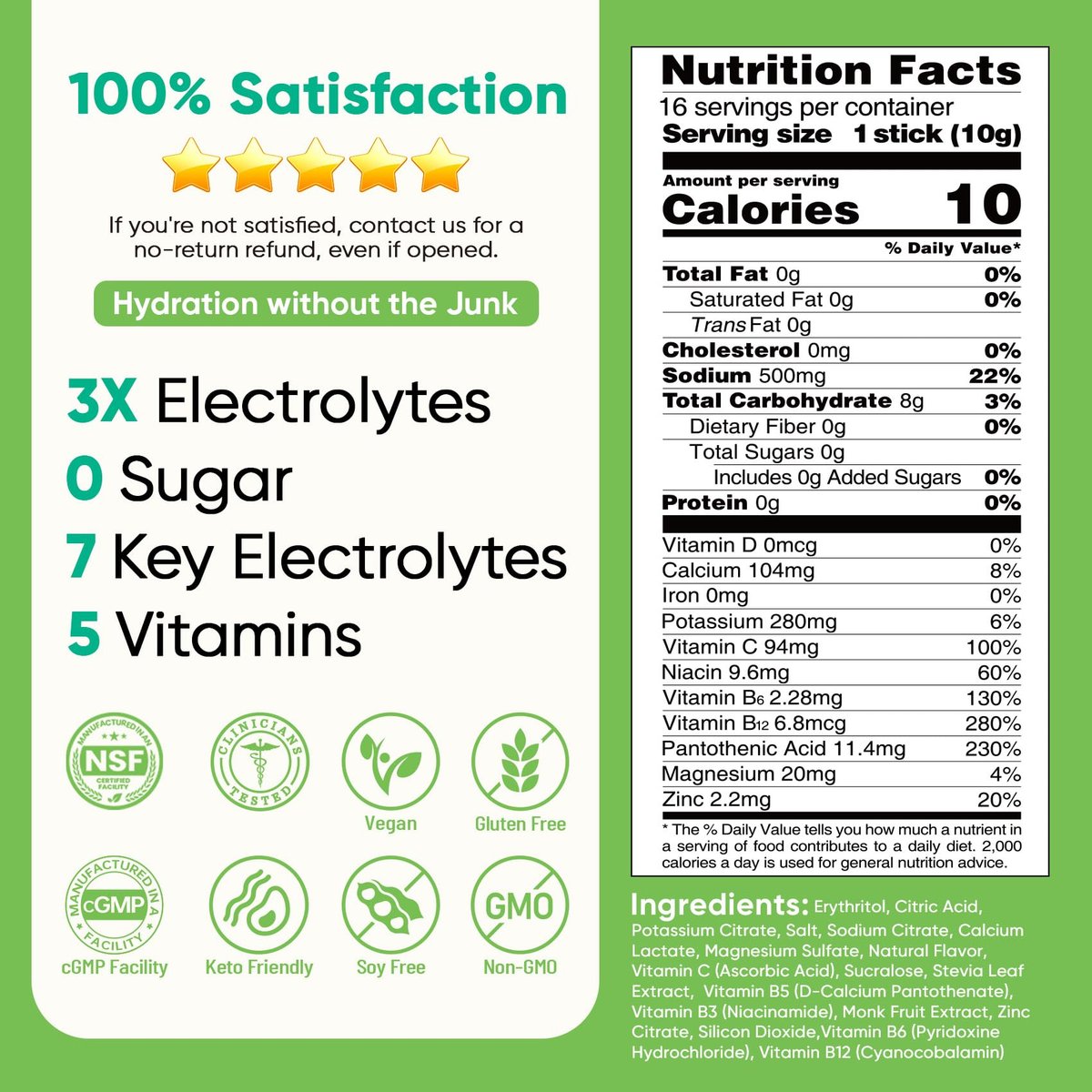 Venture Pal Zuckerfreie Elektrolyt-Pulver-Päckchen - Flüssige tägliche IV Hydratationspäckchen | Sofortige Hydratation & Party-Erholung | 5 Vitamine & 7 Elektrolyte | Zertifiziert vegan, keto, nicht-GVO | 16 Sticks