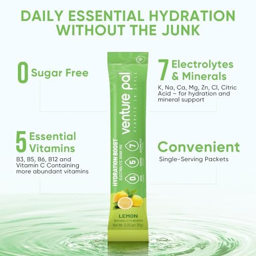 Venture Pal Zuckerfreie Elektrolyt-Pulver-Päckchen - Flüssige tägliche IV Hydratationspäckchen | Sofortige Hydratation & Party-Erholung | 5 Vitamine & 7 Elektrolyte | Zertifiziert vegan, keto, nicht-GVO | 16 Sticks