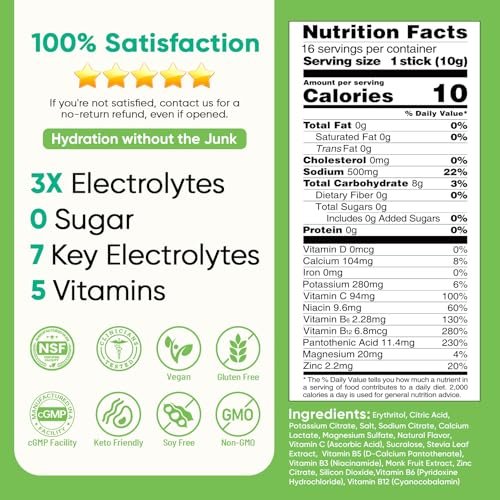 Venture Pal Zuckerfreie Elektrolyt-Pulver-Päckchen - Flüssige tägliche IV Hydratationspäckchen | Sofortige Hydratation & Party-Erholung | 5 Vitamine & 7 Elektrolyte | Zertifiziert vegan, keto, nicht-GVO | 16 Sticks