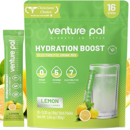 Venture Pal Zuckerfreie Elektrolyt-Pulver-Päckchen - Flüssige tägliche IV Hydratationspäckchen | Sofortige Hydratation & Party-Erholung | 5 Vitamine & 7 Elektrolyte | Zertifiziert vegan, keto, nicht-GVO | 16 Sticks