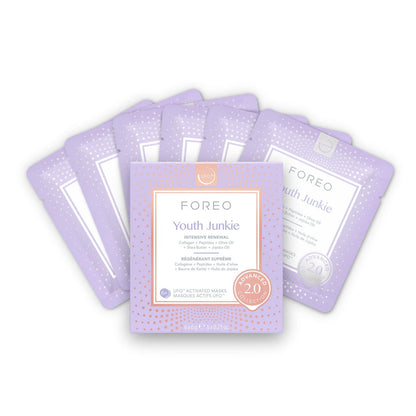 FOREO Youth Junkie Advanced Collection 2.0 UFO-aktivierte Gesichtsmaske – Feuchtigkeitsspendende Maske mit Kollagen & Olivenöl – für trockene Haut mit Falten (6 Stück)