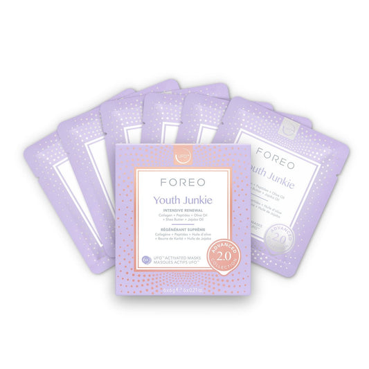 FOREO Youth Junkie Advanced Collection 2.0 UFO-aktivierte Gesichtsmaske – Feuchtigkeitsspendende Maske mit Kollagen & Olivenöl – für trockene Haut mit Falten (6 Stück)