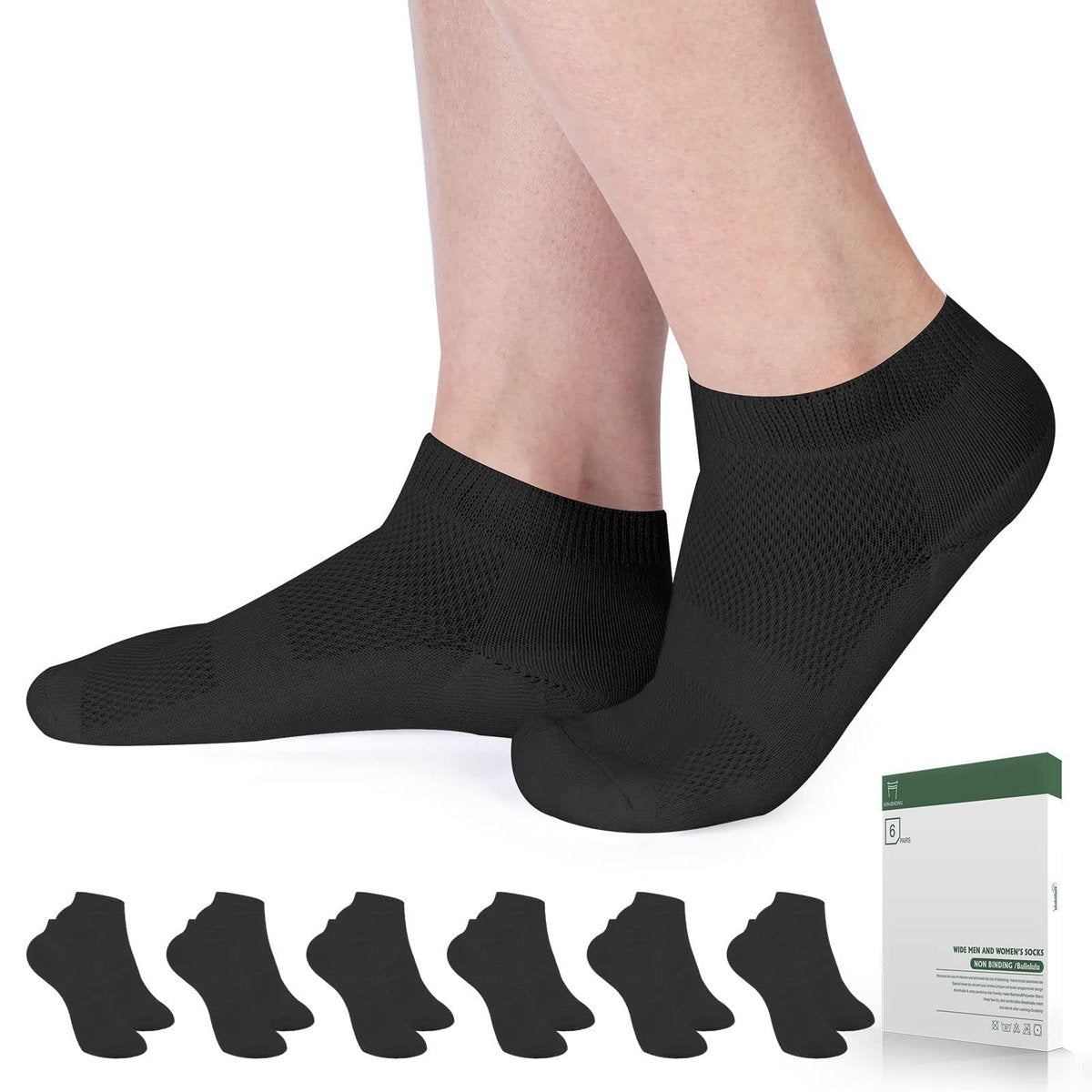 Bulinlulu Diabetikersocken für Damen und Herren – 6 Paar Bambus-Viskose, nicht einschnürend, niedrige Socken, Größe 6-9 & 9-11 (Schwarz, Medium)
