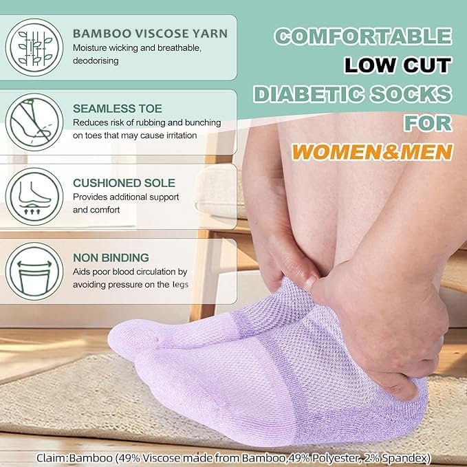 Bulinlulu Diabetikersocken für Damen und Herren – 6 Paar Bambus-Viskose, nicht einschnürend, niedrige Socken, Größe 6-9 & 9-11 (Schwarz, Medium)