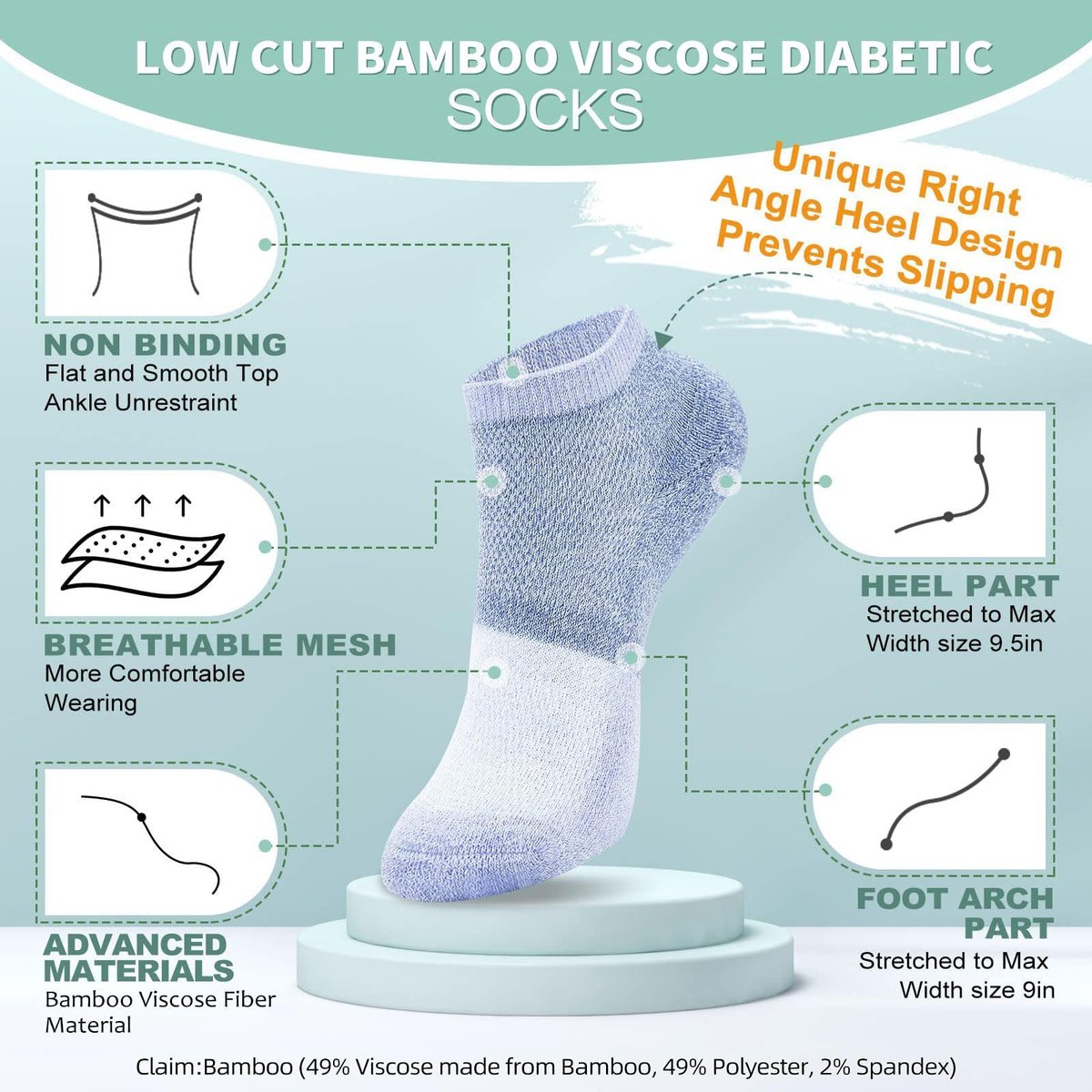 Bulinlulu Diabetikersocken für Damen und Herren – 6 Paar Bambus-Viskose, nicht einschnürend, niedrige Socken, Größe 6-9 & 9-11 (Schwarz, Medium)