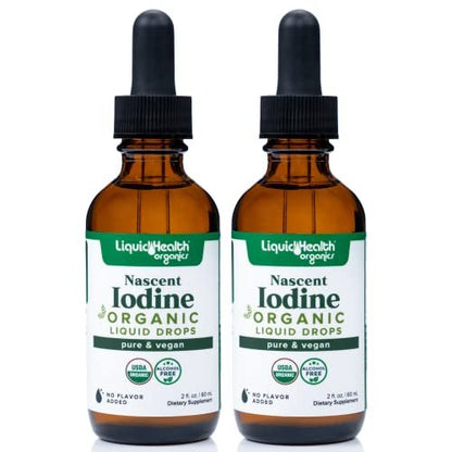 LIQUIDHEALTH USDA Bio-Jod Tropfen, reines Jod Nahrungsergänzungsmittel für Schilddrüsen- & Immununterstützung, Energiespender - Hergestellt in USA, Vegan, Farblos, Geschmacksneutral (2er Pack)