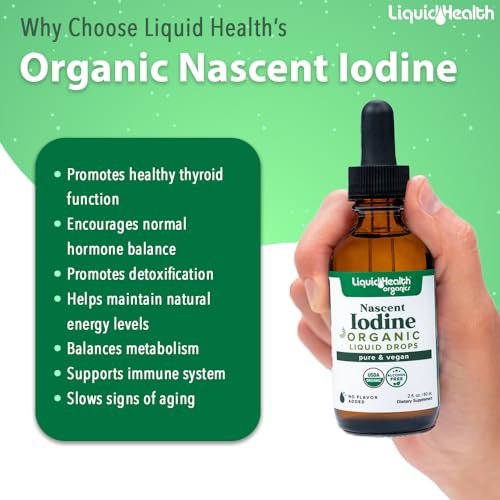 LIQUIDHEALTH USDA Bio Jod-Tropfen – Reines Jod für Schilddrüsen- & Immununterstützung, Energie-Booster, vegan, geschmacksneutral, 60 ml
